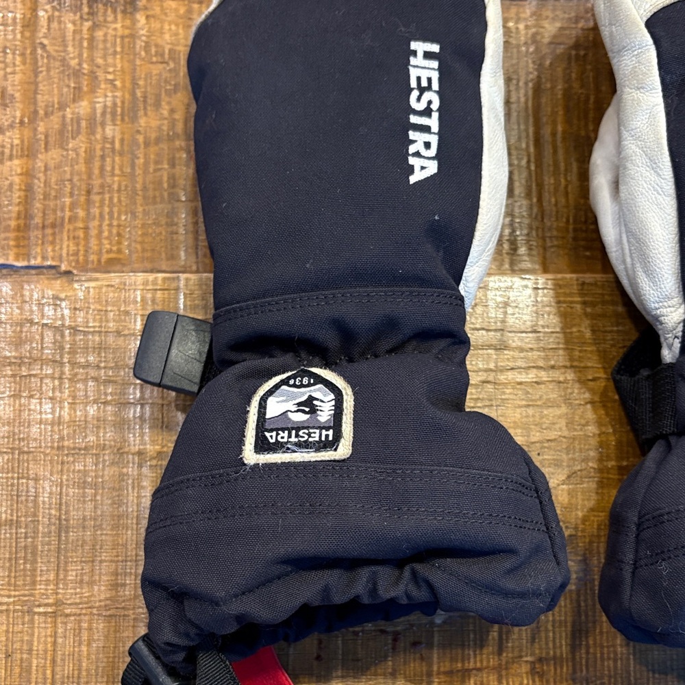 Hestra Black and White Insulated Leather Kids Mittens - Picture 2 of 5